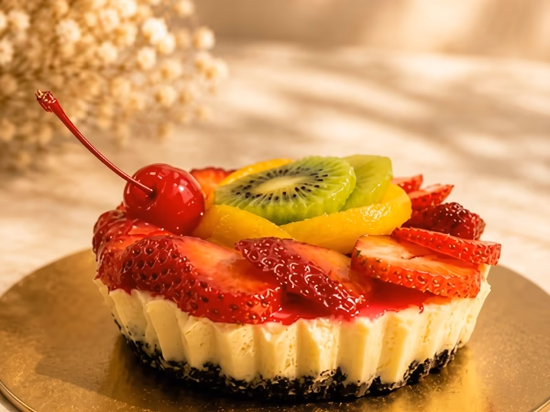 Cheesecake de frutas en la vitrina de postres de la sede Fontibón de Pastelería Dulcita
